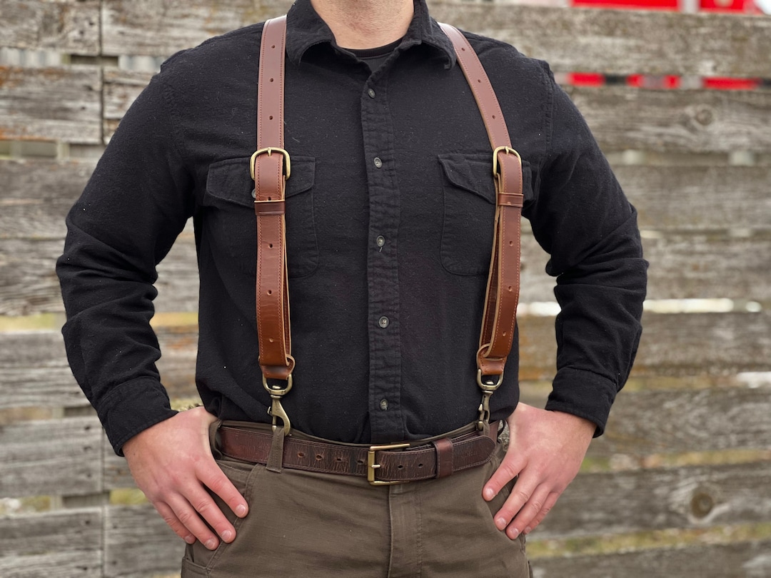 1.5 Wide Brown Leather Suspenders Durable Suspenders Work Suspenders