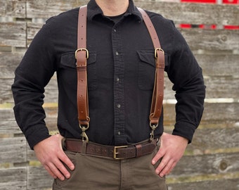 1.5” Wide Brown Leather Suspenders | Durable Suspenders | Work Suspenders | Outdoor Suspenders | Hunting Suspenders | Men Suspenders Premium