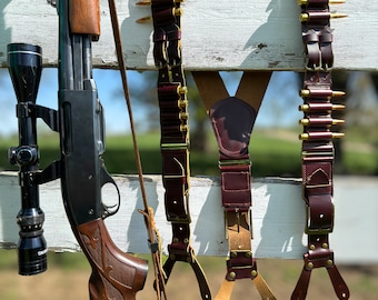 Hergestellt in den USA. Jagd-Hosenträger mit Patronenhalter an den Hosenträgern, authentische Jagdausrüstung, Hosenträger für Herren, Munitionshalterung, langlebiger Muschelgürtel
