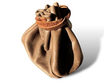 Handmade Brown Leather Drawstring Pouch: Coin, Crystal, Dice