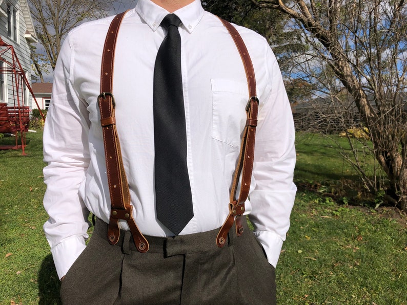 1930s Men’s Clothing & Fashion History     Mens Leather Button Suspenders - Wedding Men Suspenders - Groomsmen Gift - Vintage Suspenders - Leather Suspenders Brown or Black - Cowboy  AT vintagedancer.com