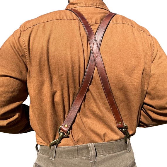 Handmade Dark Brown Leather X-back Suspenders: Top Grain Snap