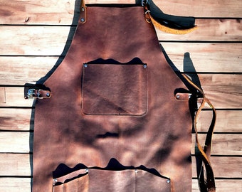 Handcrafted TRADESMAN APRON - Durable & Soft Brown Leather - Protective Clothing - Welding Clothing Genuine leather apron - stainless steel