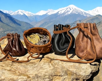 Leather Jewelry Pouch: Brown, Black and Cognac Drawstring with Dark Brown Strap