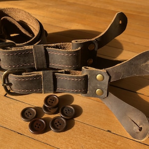 Handmade Leather Button Suspenders: Dark Brown, Adjustable