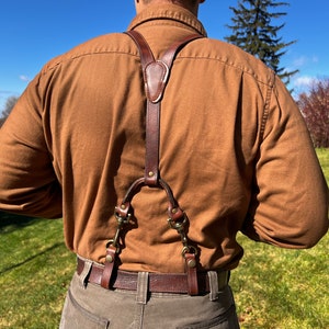 Handmade Dark Brown Leather Suspenders: Adjustable Snap Work Suspenders