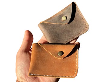 Handmade Leather Card Wallet: Slim Minimalist Design - Antique Brass Snap