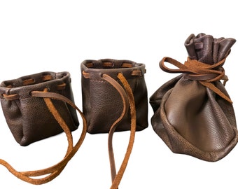 Handmade Dark Brown Leather Drawstring Pouch: Coin, Dice, Jewelry Bag