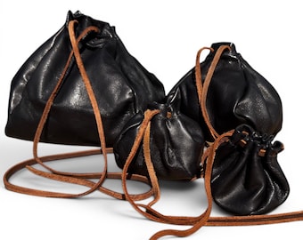 Handmade Black Lambskin Leather Drawstring Pouch: Dice, Jewelry, Crystals