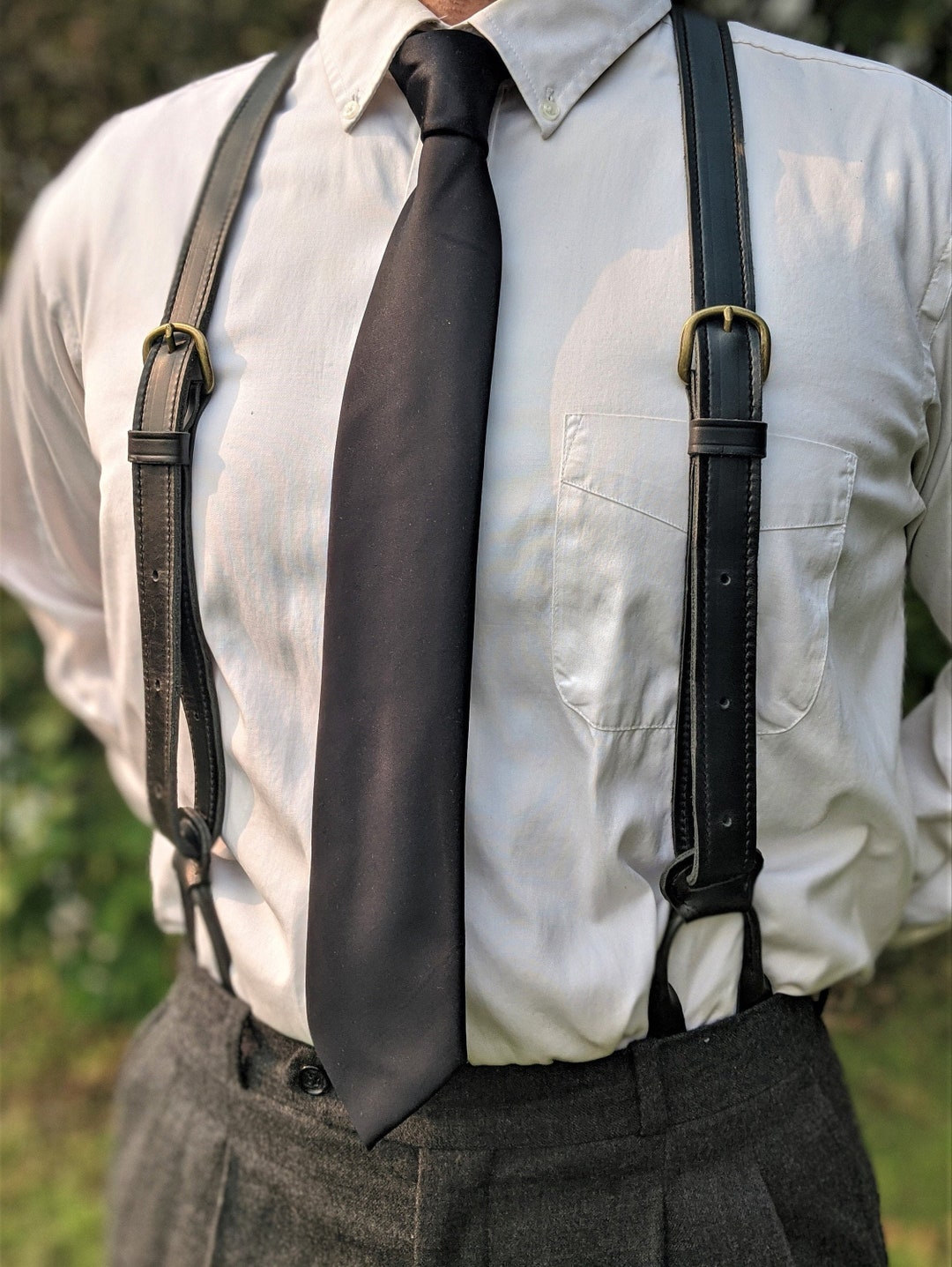 Men's Black Leather Button Suspenders Wedding Men Suspenders Groomsmen