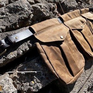 Handmade Waxed Canvas Game Bag Set: Leather Belt Pouches