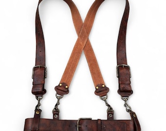 Leather Logger Suspenders & Belt – Heavy Duty 2” Wide Handmade Work Suspenders for Men