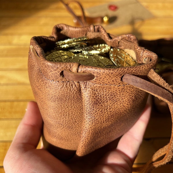 Rustic Brown Leather Pouches, Coin Pouch, Leather Drawstring Bag, DND Dice Pouch, Jewelry Bag, Crystal pouch, LARP, reenactment