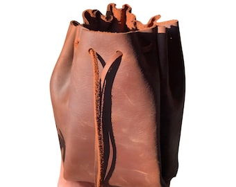 Large Brown Full Grain Leather Pouch – Handmade Drawstring Bag, USA Made