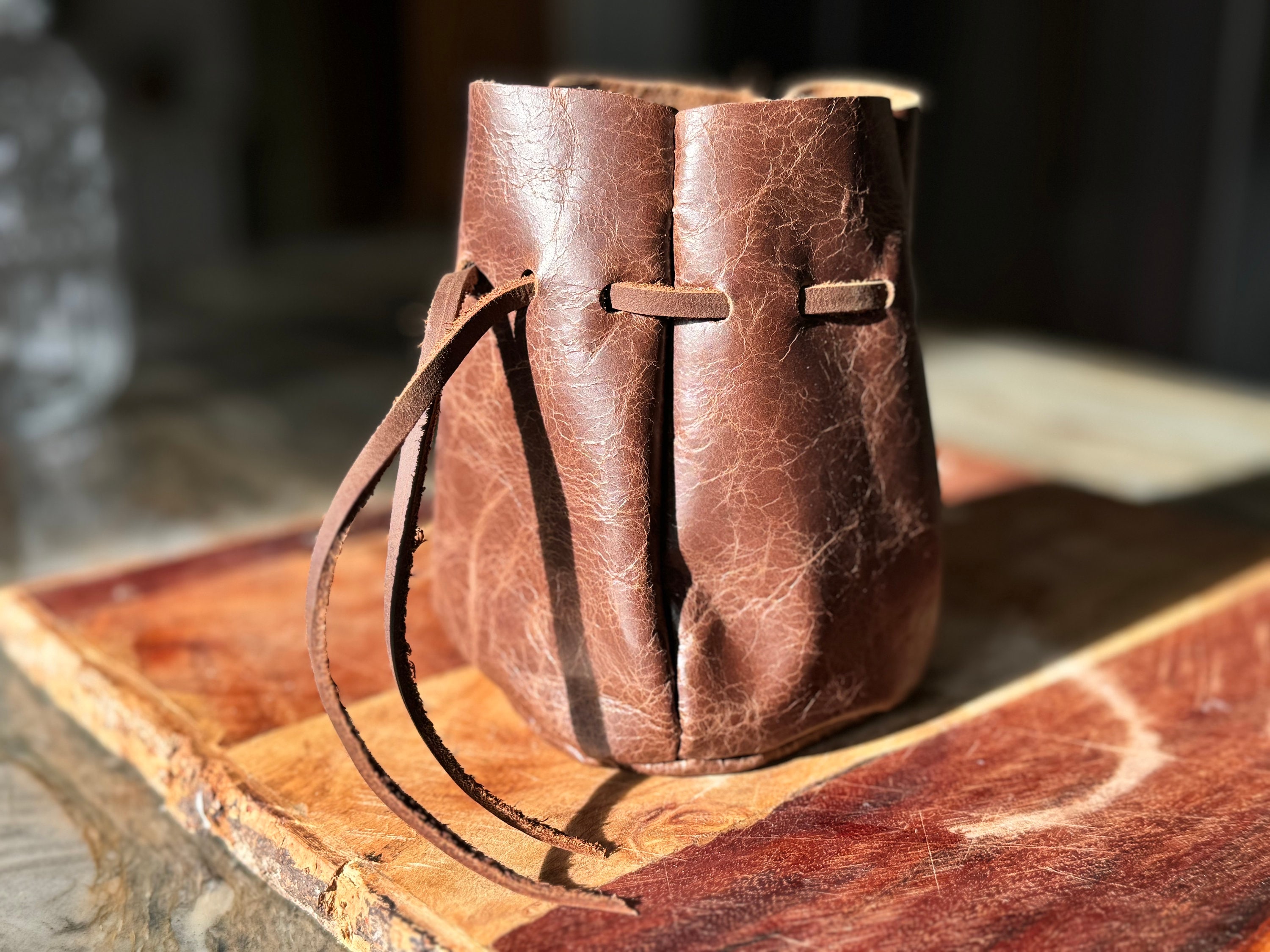 ★NlCK&NLCOLE★ CRYSTAL POUND LEATHER BAG_BROWN Genuine Brown Leather Pouches, Coin Pouch, Leather