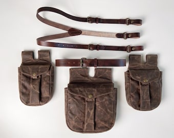 Waxed Canvas Hunting Rig: Leather Suspenders, Belt & Game Bags