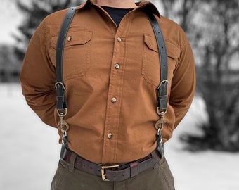 Work Men's Black Leather Work Suspenders / Wedding Suspenders / Handmade Leather Suspenders / Adjustable Snap Suspenders / Durable Belt