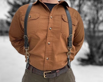 Handmade Black Leather Work Suspenders: Adjustable Snap Belt