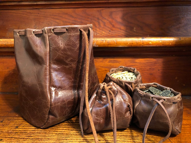 Brown Leather Pouches, Coin Pouch, Leather Drawstring Bag, DND Dice Pouch, Jewelry Bag, Crystal pouch, LARP, Essential Oils and reenactment image 7