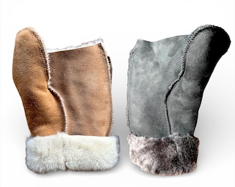 Handmade Sheepskin Convertible Mittens: Pop-Top Fur Flip Mittens Black or Light Brown