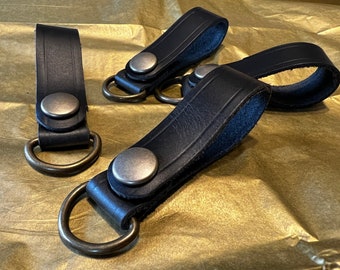 Belt Loop Attachments | Tactical Gear Belt Accessories | Black Leather | Antique Brass Snap | Durable Suspenders Attachments 2 PACK