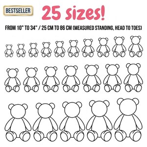 以下が含まれることがあります： 様々なサイズの25体のテディベアのイラスト。高さは25cmから86cmです。「25サイズ！」の文字がベアの上に表示され、「BESTSELLER」の文字が金色のボックスに入っています。サイズはインチでも表示されています。