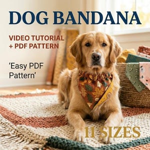 伸縮性のあるシュシュ風犬用バンダナの型紙 | 11サイズ | PDF形式の動画チュートリアルを即時ダウンロード可能