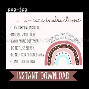 Washing Instruction Cards, Boho Shirt Care cards, Printable Download, Digital Download, PNG, Washing Instruction Card