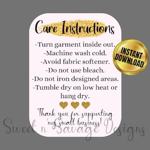 READY To PRINT Shirt Care Instructions, Care Cards, T-shirt Care card, Printable Care Card, Digital Card, PNG file