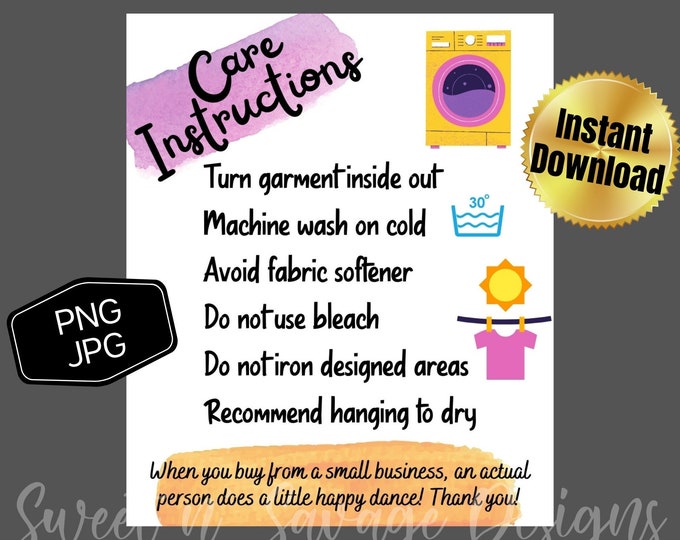 Washing Instruction Cards Digital Download Shirt Care Card - Etsy