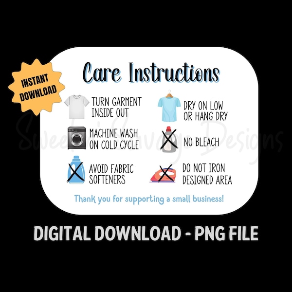 Care Card for shirts, PNG file, Washing Instructions Download, Vinyl htv clothes care instructions, shirt care card