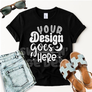 Maquette de chemise noire en toile Bella | 3001 Maquette de t-shirt plat noir | Maquette de chemise esthétique bohème tendance | Modèle de t-shirt noir POD