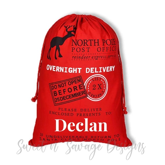 Custom Santa Sacks Bags SHIPS SAME DAY Fabric Gift Bag Custom Christmas Sacks Name Bags Red or Striped North Pole Huge Gift Bag Etsy