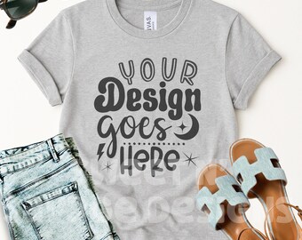 Bella Canvas Athletic Heather Shirt Mockup | 3001 Athletic Heather Flat Lay T-shirt Mockup | Trendy Boho Aesthetic Heather Gray Shirt Mockup