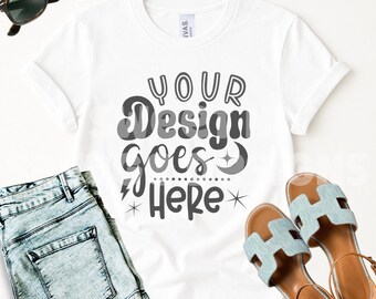 Bella canvas wit shirtmodel | 3001 mockup wit platliggend T-shirt | Trendy boho esthetisch shirtmodel | Sjabloon POD wit T-shirt