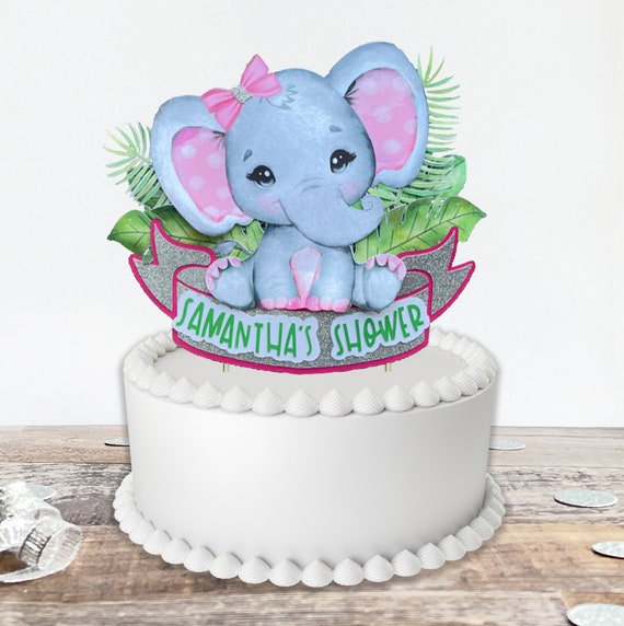 Baby Shower Pink Elephant Cake Topper, Personalized Cake Topper