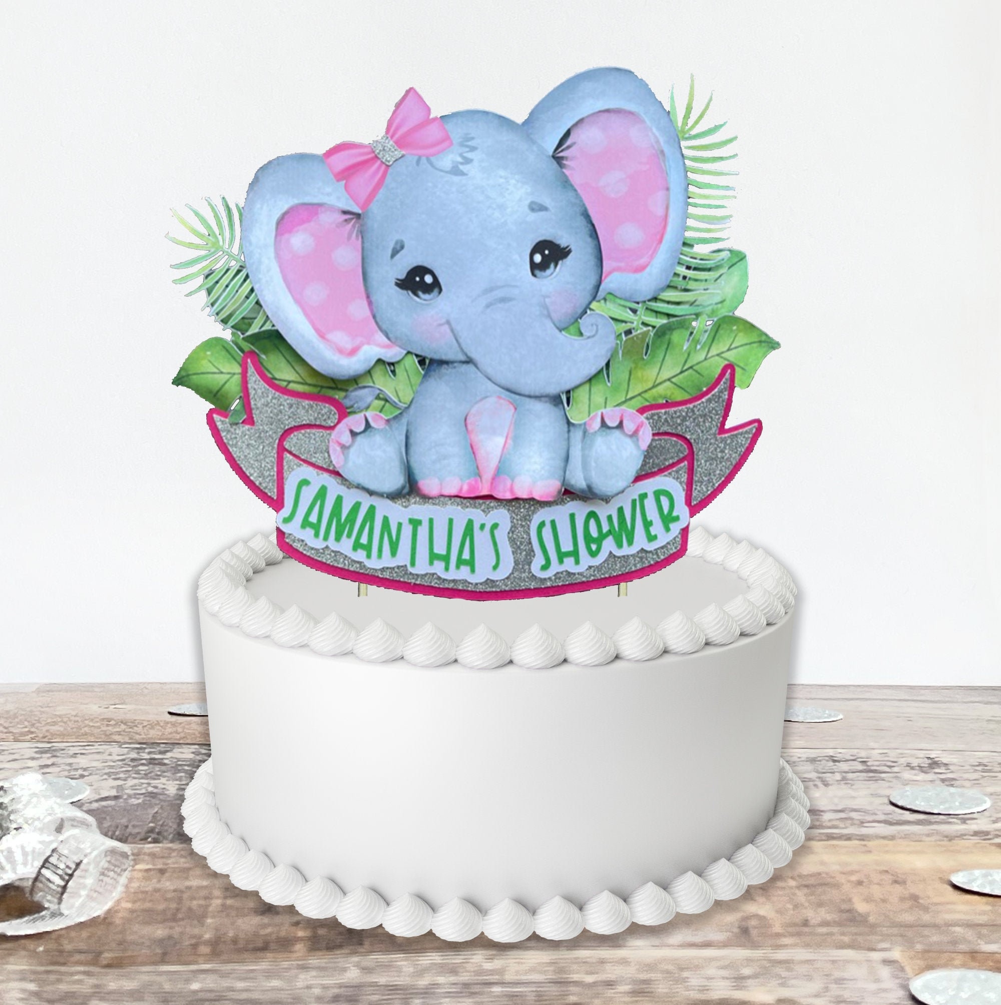 Baby Shower Pink Elephant Cake Topper, Personalized Cake Topper
