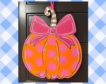 Pink Orange Grandmillennial Pumpkin Whimsical Door Hanger Breast Cancer Awareness