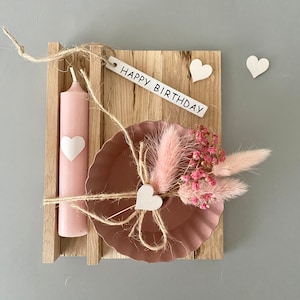 Geburtstagsgeschenk  Frauen, Geburtstagslicht rosa, Mitbringsel Kerze Kerzenständer Trockenblumen, Geschenk Mama Geburtstag, Geschenkset