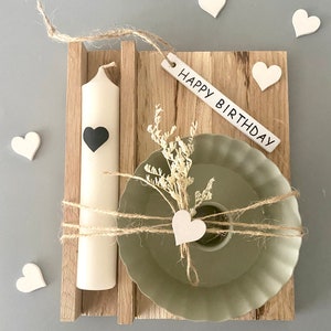 Geschenk Frauen Geburtstag, Mitbringsel Kerze Kerzenständer, Geburtstagsgeschenk Mama Geschenkset "Happy Birthday" Holz, Metall Kerzenhalter