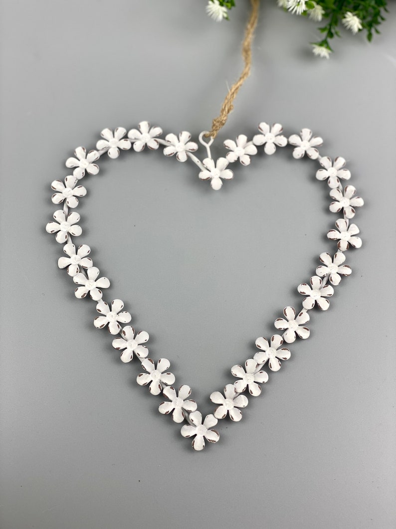 Window decoration heart hanging, decorative heart made of metal flowers, door decoration heart, heart in antique white, small gift for women image 4