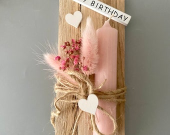 Geschenkset Frauen, Geburtstagslicht rosa, Mitbringsel Kerze, Kleines Trockenblumen Geschenk, Skandi Geburtstagsgeschenk Mama, Holzdeko