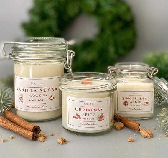 Duftkerze im Glas, Weihnachtsdekoration Sojawachs Kerze mit Holzdocht, Vegane Kerzen Winter, Kerzengeschenk Weihnachten, Geschenk Advent