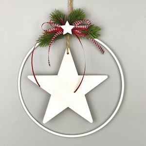 Christmas window decoration to hang, Christmas door wreath with star, Christmas decoration window, white star in metal ring Advent