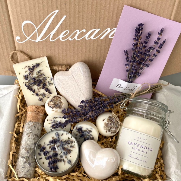 Gepersonaliseerd cadeau voor vrouwen, wellnessbox met naam, verjaardagscadeau voor mama, lavendel verwenset, Moederdag cadeauset,