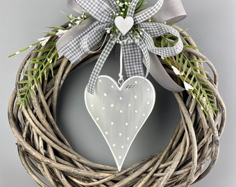 Door wreath with heart, shabby chic wreath, gray door wreath, housewarming gift, country house door wreath