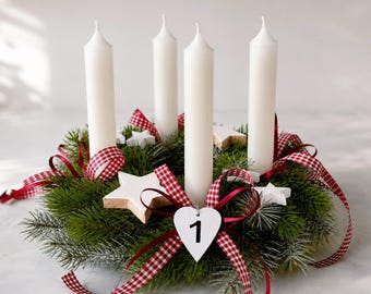 Scandinavian red and white Advent wreath | Small wreath with candles | Christmas table decoration