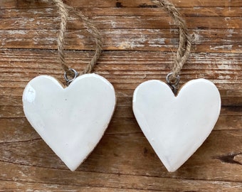 Heart white, hearts 2 pieces, heart pendant wood, decorative hearts, DIY heart wood white, wooden heart