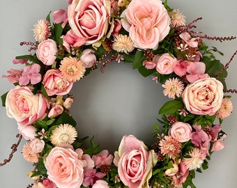 Door wreath, flower wreath, table decoration wreath, dried flower wreath, hydrangea wreath with dried flowers, wall decoration summer wreath, table wreath