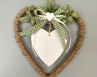 Ghirlanda per porta, ghirlanda per tutto l'anno, decorazione per porta a forma di cuore verde bianco, decorazione per finestra, ghirlanda per casa di campagna, cuore di vimini per porta d'ingresso, regalo per trasloco